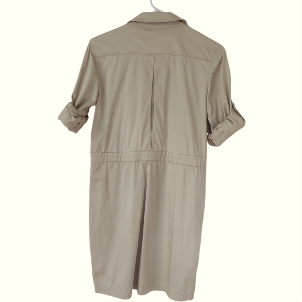 Ann Taylor Loft Khaki Safari Button Tab Sleeve Collared Dress SP Tan Pockets - Picture 7 of 16